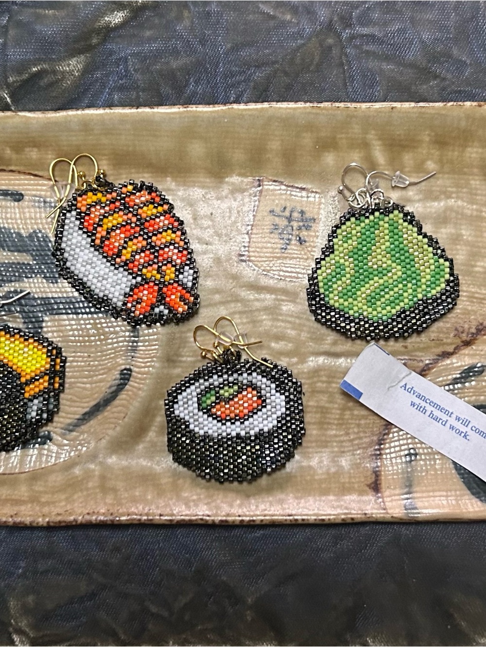 Handmade Beaded Sushi Earrings in Green, Orange, Black